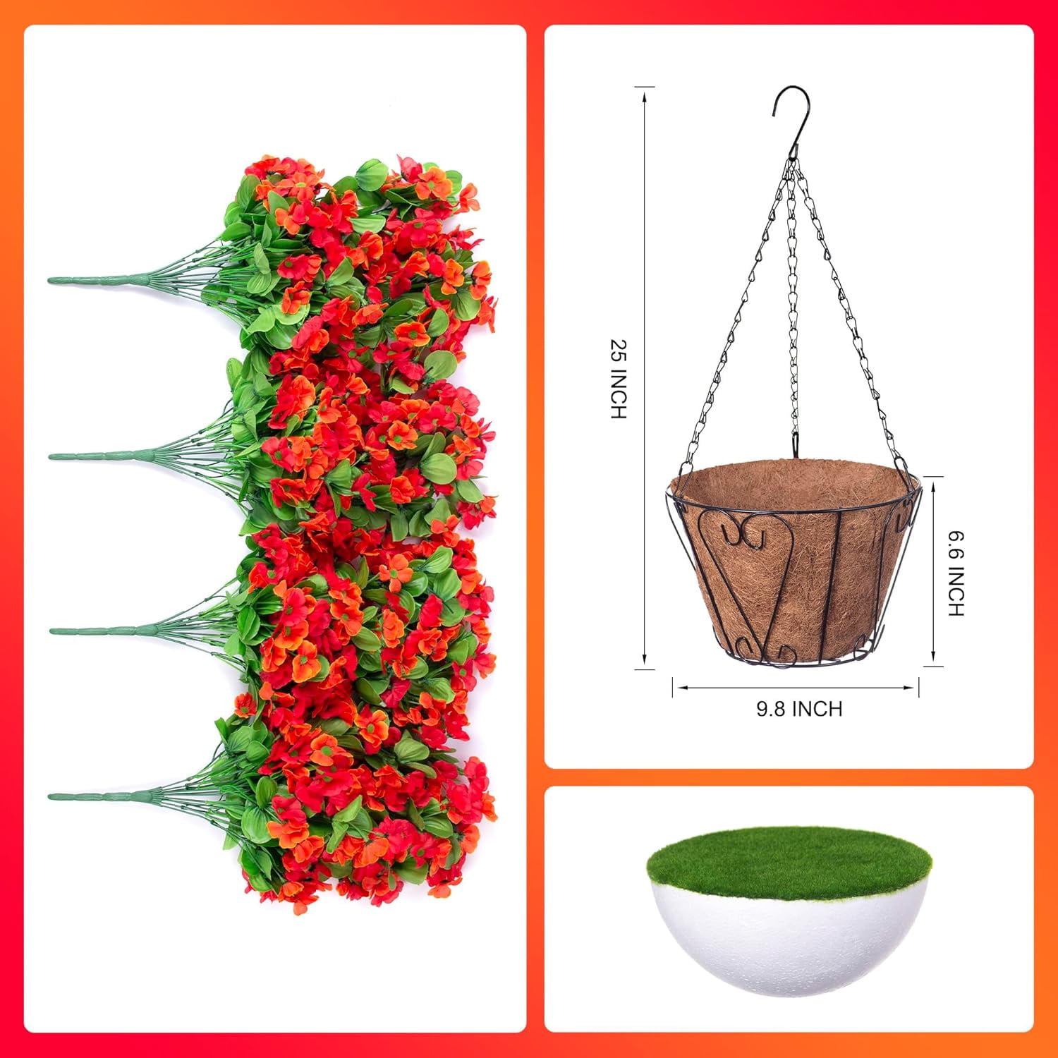 Artificial Hanging Flowers in 12 inch Basket, Fake Plant Silk Orchid Flower Arrangement with Coconut Lining Pot Planter for Patio Garden Porch Deck Spring Decoration(Rose and Pink)