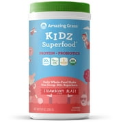 Amazing Grass Kidz Superfood: Vegan Protein  Probiotics for Kids with Beet Root Powder  1/2 Cup of Leafy Greens, Strawberry Blast, 15 Servings