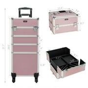 4 in 1 Rolling Makeup Train Case, Professional Aluminum Makeup Travel Organizer Cosmetic Case, Cosmetology Caboodle Case on 360° Wheels, Beauty Storage Luggage Lockable