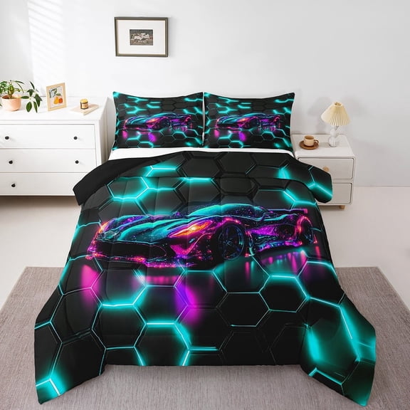 Erosebridal Sport Car Bedding Twin Comforter Set,Honeycomb Hexagon Down Comforter,Extreme Sport Bedding Sets Twin with Comforter,Microfiber Boys Bedroom Decor,Reversible,3pcs