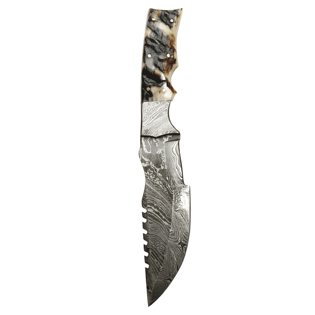 TheBoneEdge 10.5" Damascus Steel Fixed Blade Full Tang Black Ram Horn Handle Hunting Knife