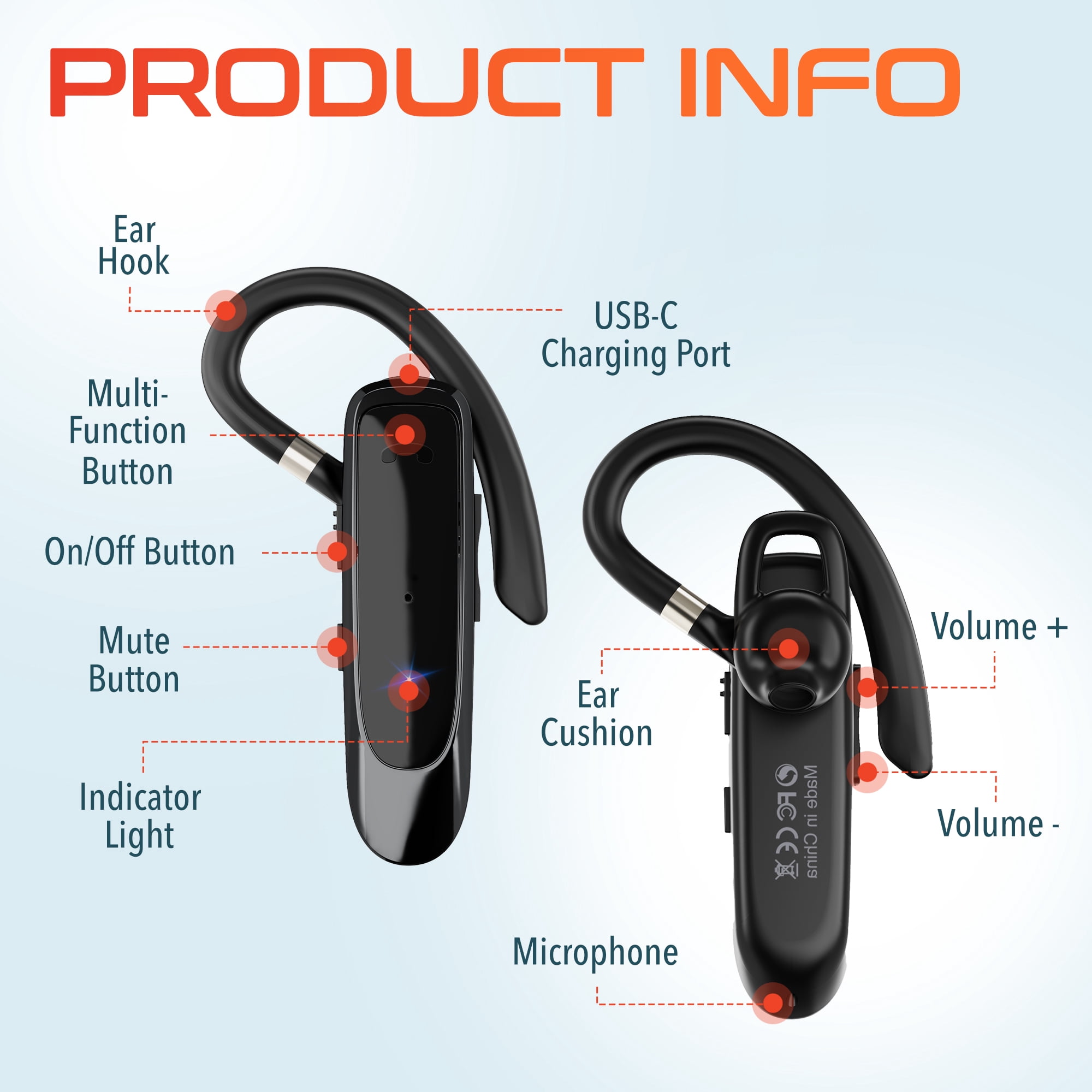 Delton 22X Wireless Mono Bluetooth Headset, Wireless Single Ear Headset with Built-In Microphones, Lightweight Earpiece Compatible With PC, Laptop, Smartphone, and Tablet - Black
