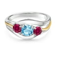 thumbnail image 2 of Gem Stone King 925 Sterling Silver and 10K Yellow Gold Round Swiss Blue Topaz and Red Created Ruby 3 Stone Ring for Women (1.15 Cttw, Size 8), 2 of 3