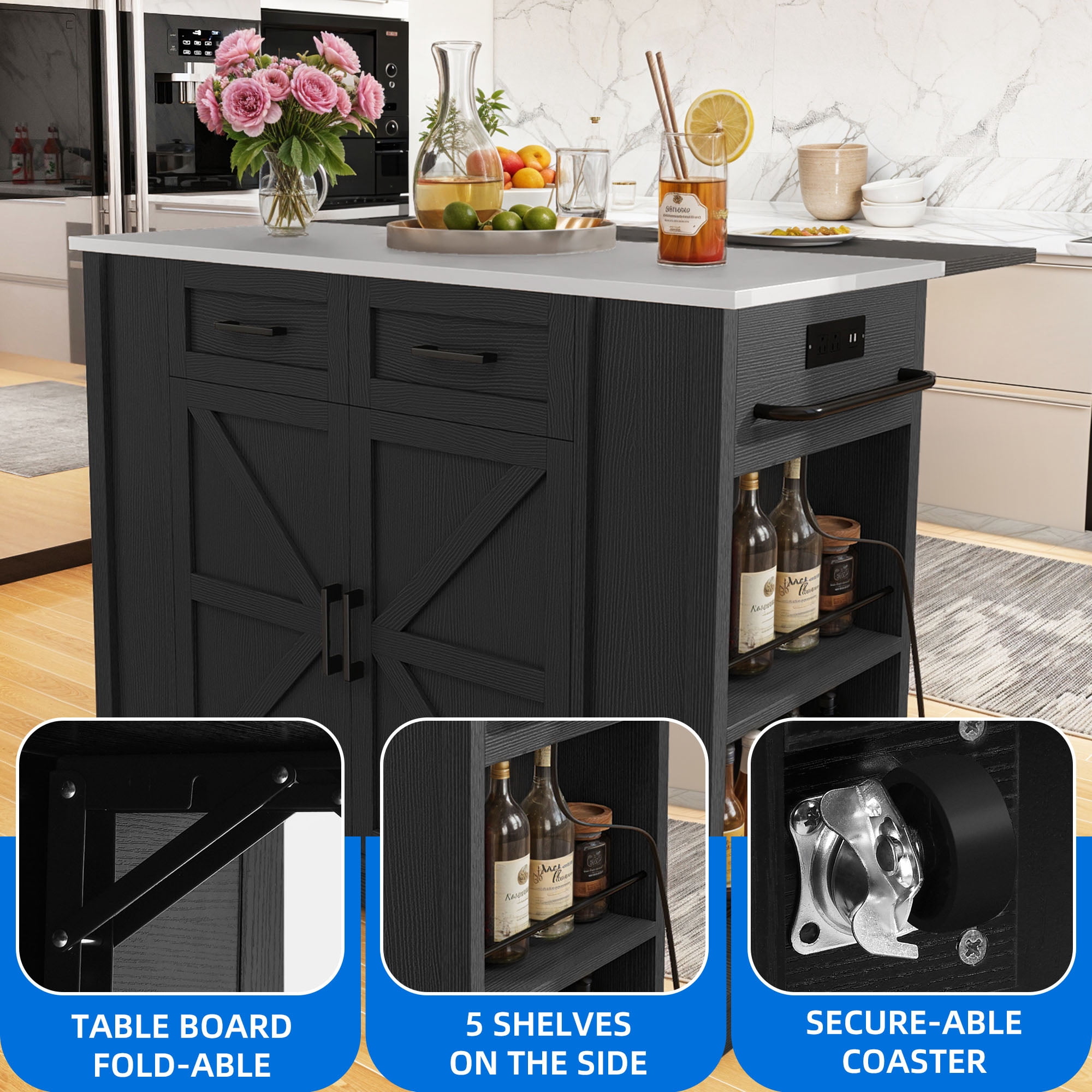 Dextrus Kitchen Island Cart with Storage & Drop Leaf, Kitchen Island Table with Power Outlets, Black
