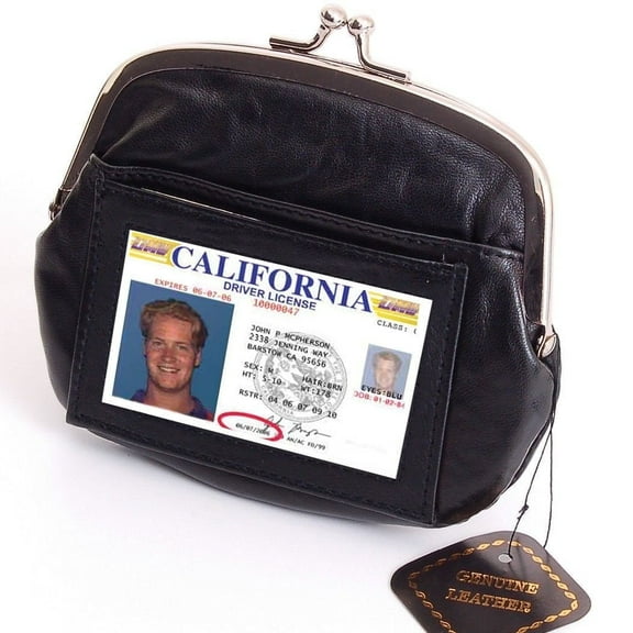 Black Genuine Leather Women's Change Purse Clasps Open Coin ID Card Holder