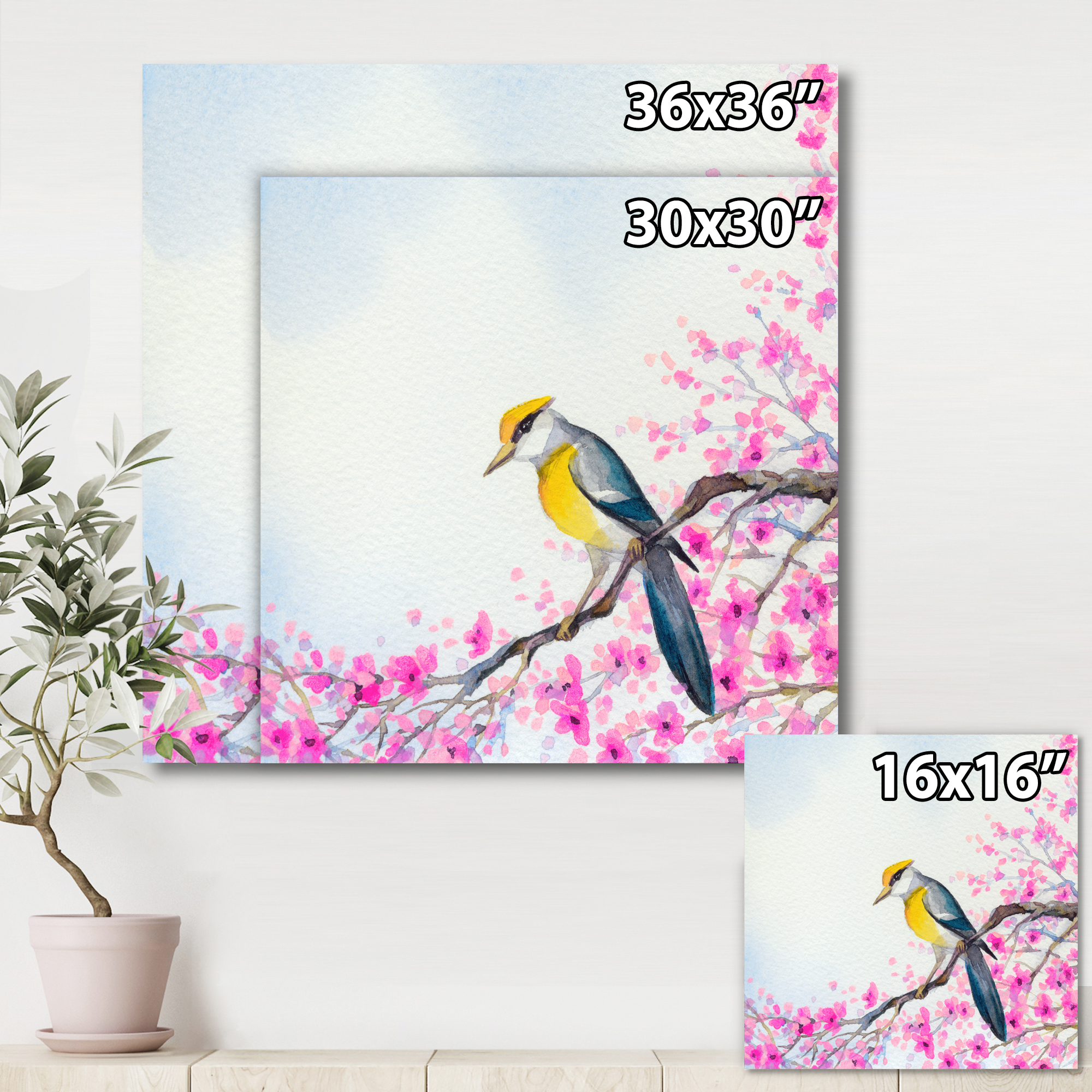 Designart ' Beautiful Bird Sitting On Flowering Branch ' Traditional Canvas Wall Art Print