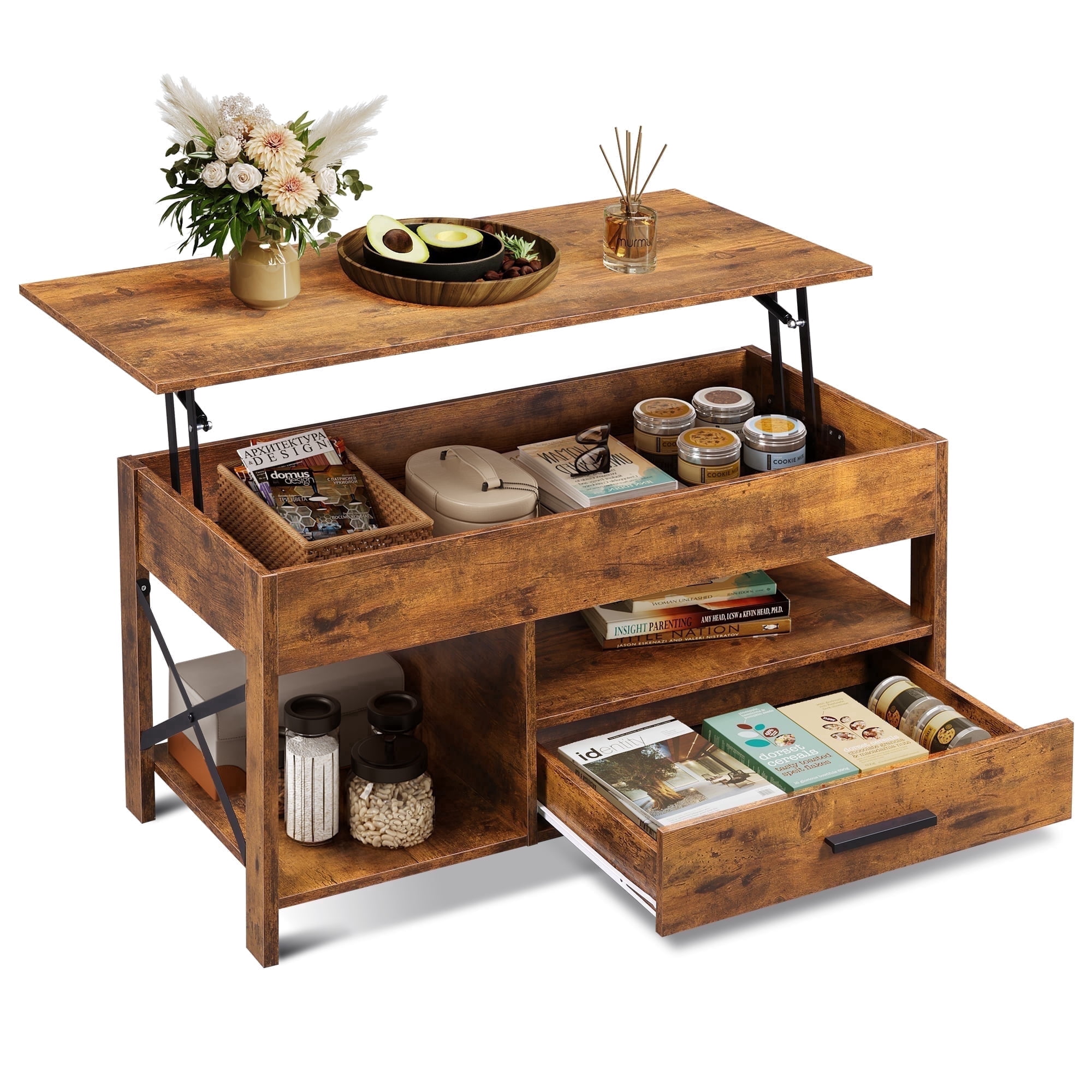 GALAXHERO Coffee Table, 39" Lift Top Coffee Table with Hidden Compartment, Storage Drawers and Storage Shelf for Living Room, Reception Room, Rustic Brown