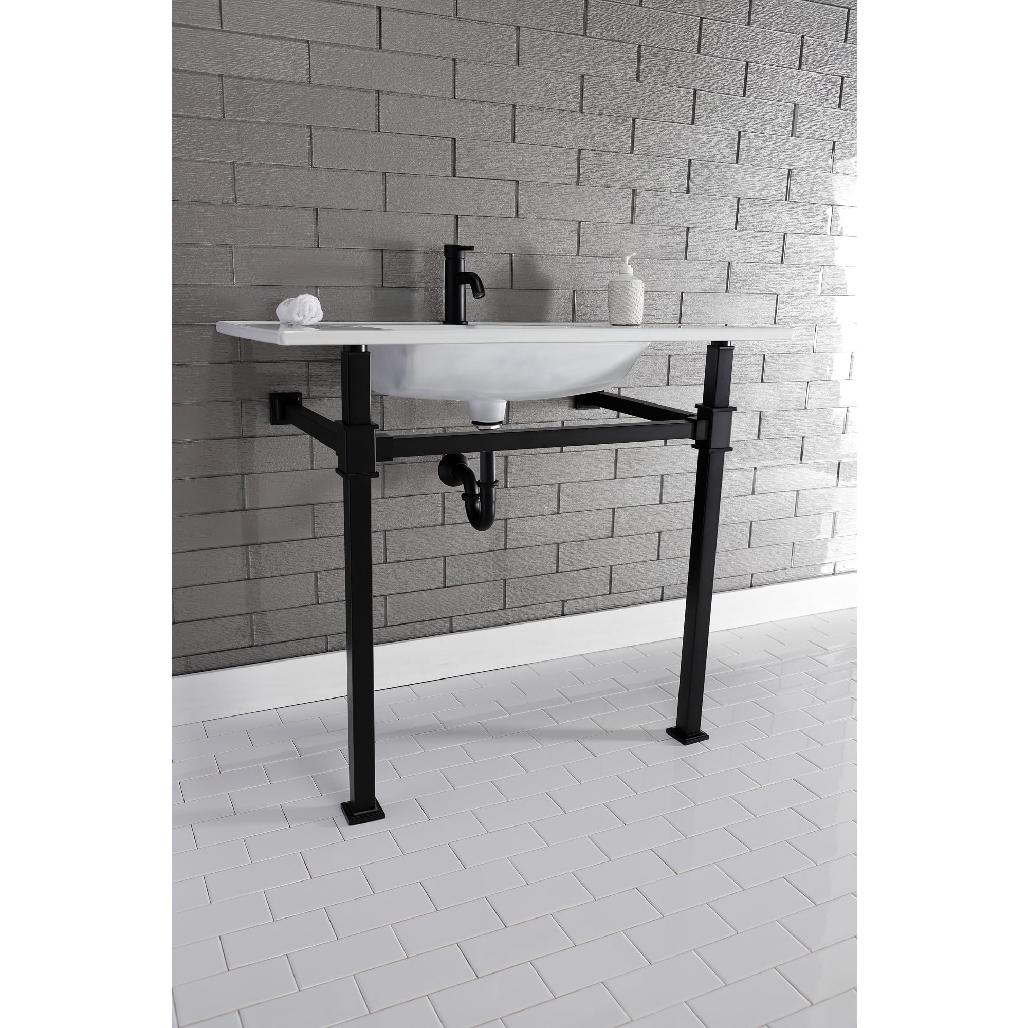 Kingston Brass KVPB37221Q0 Monarch 37" Ceramic Console Sink with Stainless Steel Legs (1-Hole), White/Matte Black