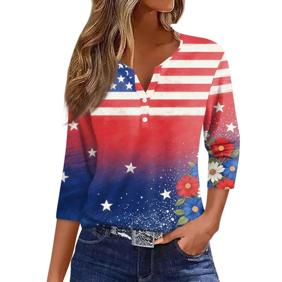 4th of July Shirts for Women 3/4 Sleeve T Shirts Loose Red White and Blue Print Tops USA 250th Anniversary Celebration Party Pullover Independence Day Patriotic V Neck 1776-2026 Blouses Multicolor L