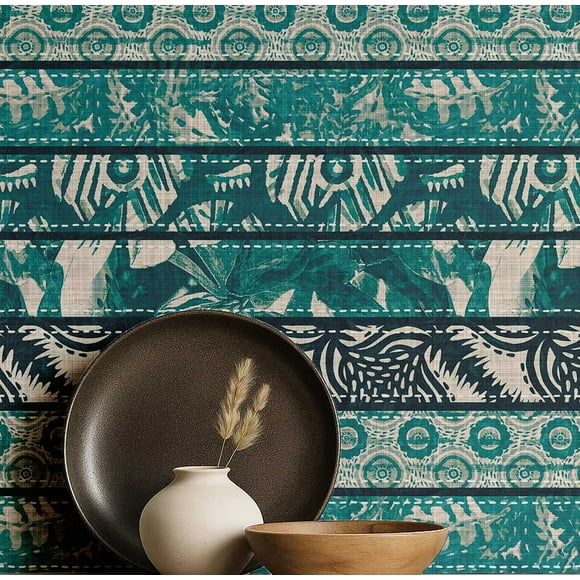 S4Sassy Self-Stick Decorative Boho Wallpaper, Handblock Striped Wall Paper, Plain Vinyl Waterproof Contact Paper, Teal, 25"X240" Removable Renter Wall Covering For Bedroom, Dining Room