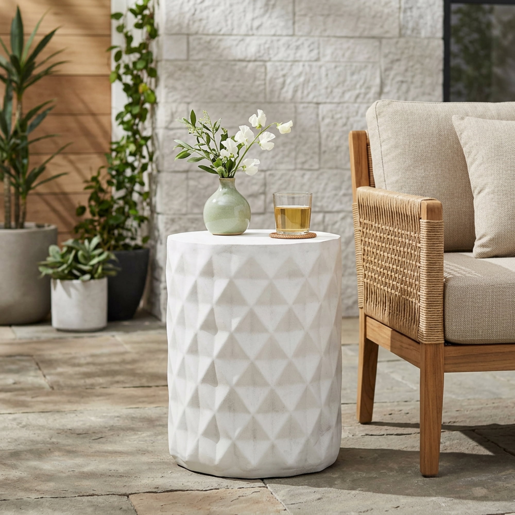 Outdoor Diamond Pattern Side Table, Lightweight Concrete Craft for Patio Garden, White