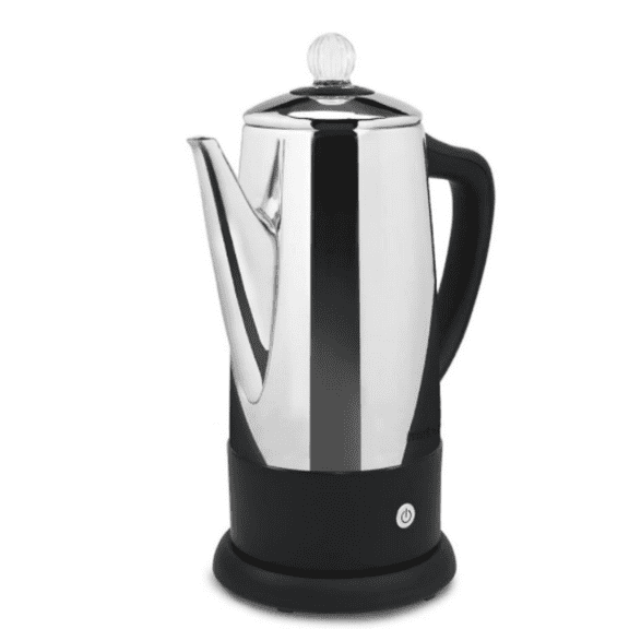 Electric 12-Cup Coffee Percolator with Keep Warm, Clear Brew Progress Knob Cool-Touch Handle Cord-less Serve, Stainless Steel
