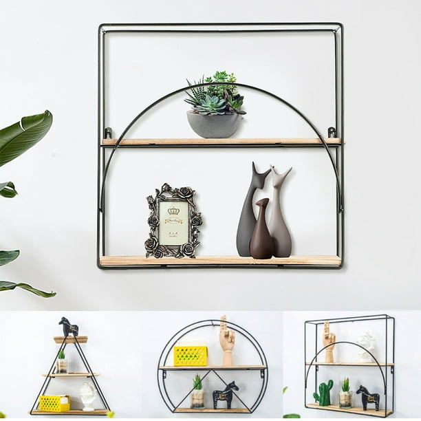 Metal & Wood Grid Wall Shelves, Square/Round/Rhombus Hanging Wall