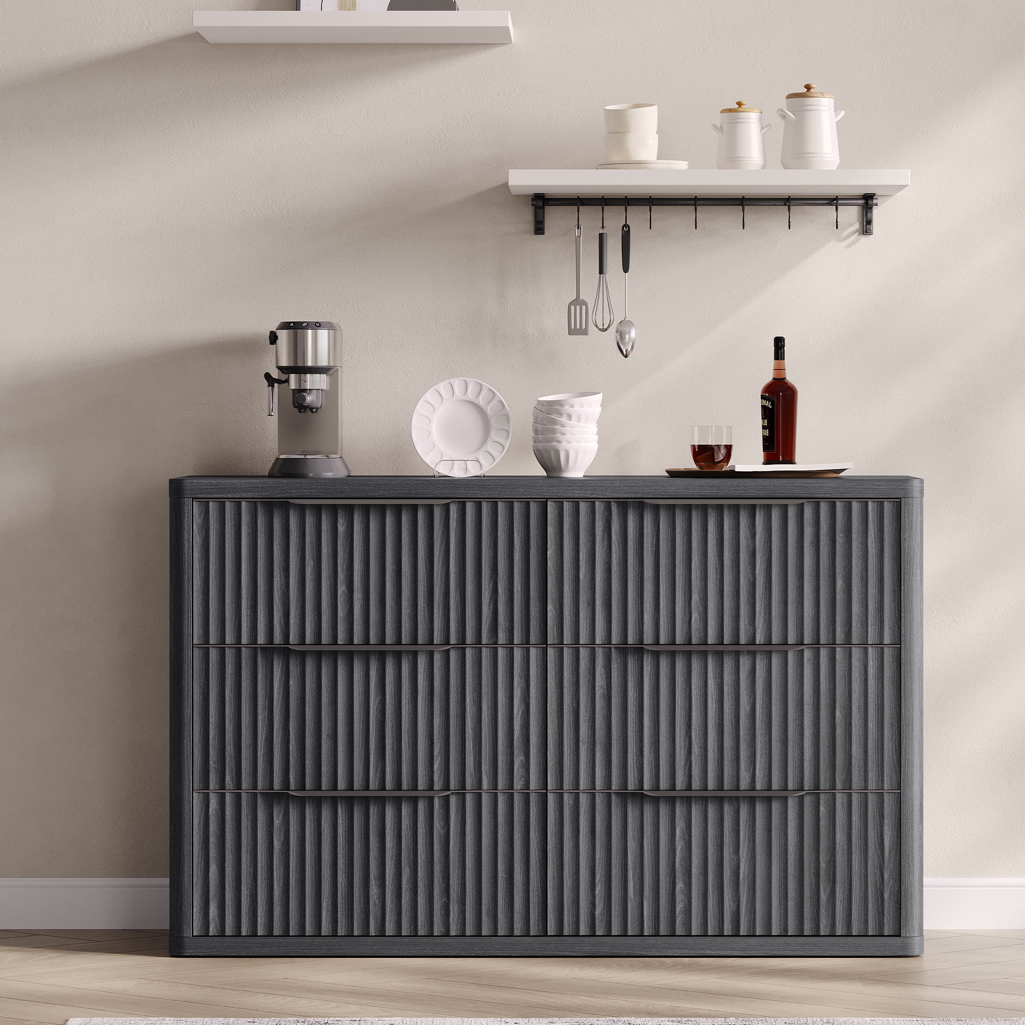SICOTAS 53.5" Wide 6 Drawer Dresser for Bedroom, Farmhouse Chest of Drawers with Black Handles, Fluted Wood Storage Cabinet for Living Room, Black