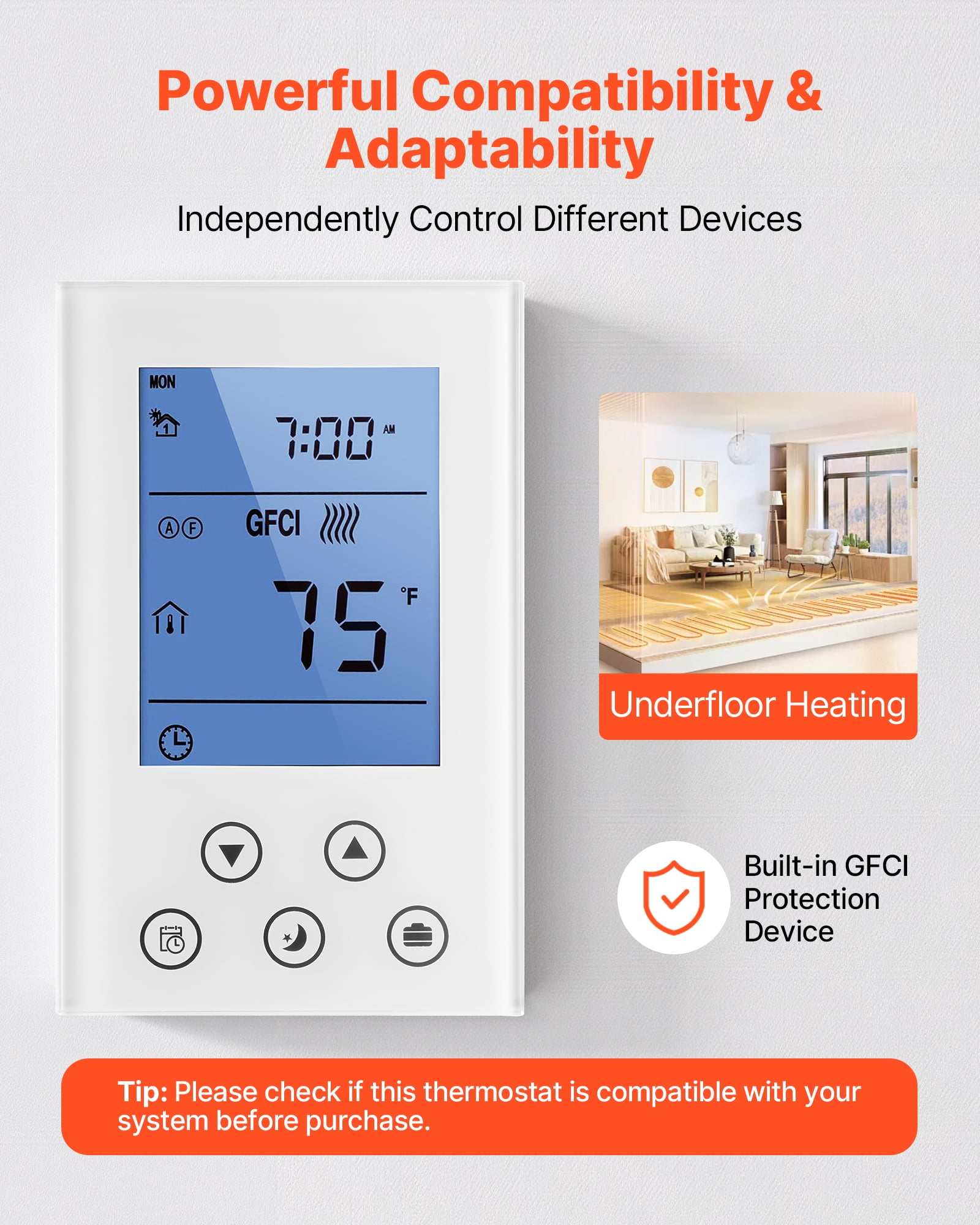 VEVOR 7-Day Programmable Thermostat, Home Thermostats for Radiant Underfloor Heating Cable,Heat Pump, Built-in GFCI & Sensitive Sensor, LED Screen with Backlight,Energy-Efficient,White