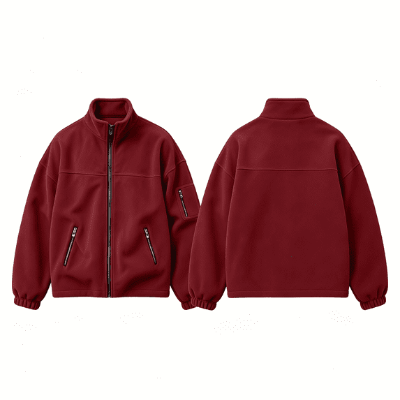 GUZOM Mens Full Zip Fleece Jacket with Zipper Pockets,Loose Fit Stand Collar,Wine,Size 2XL