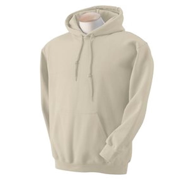 gildan 18500 / sudadera con capucha adulta: arena 18500 s gildan sudadera. Sudadera para hombre color arena, vista frontal 3/4, con capucha doble forrada y cordón a juego; bolsillo canguro con costura de doble aguja; puños y cintura acanalados 1x1 con lycra; tejido jersey 50/50 de 7.75 oz. También suele usarse como prenda cómoda para capas en actividades al aire libre ligeras.