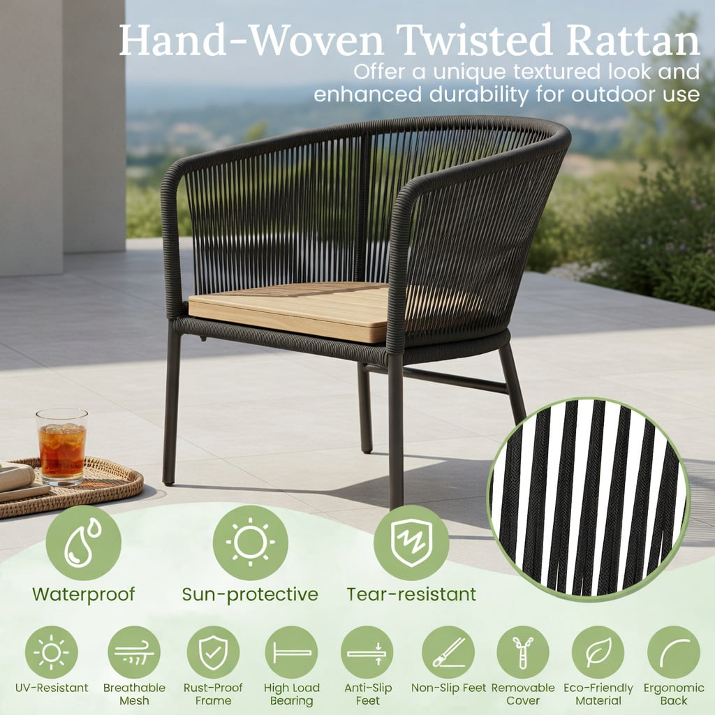 Hommoo 4-Piece Outdoor Patio Chair Set with Curved Backrest, Thick Seat Cushions & Adjustable Feet, Modern Bistro Chairs for Deck, Balcony, or Garden, Black