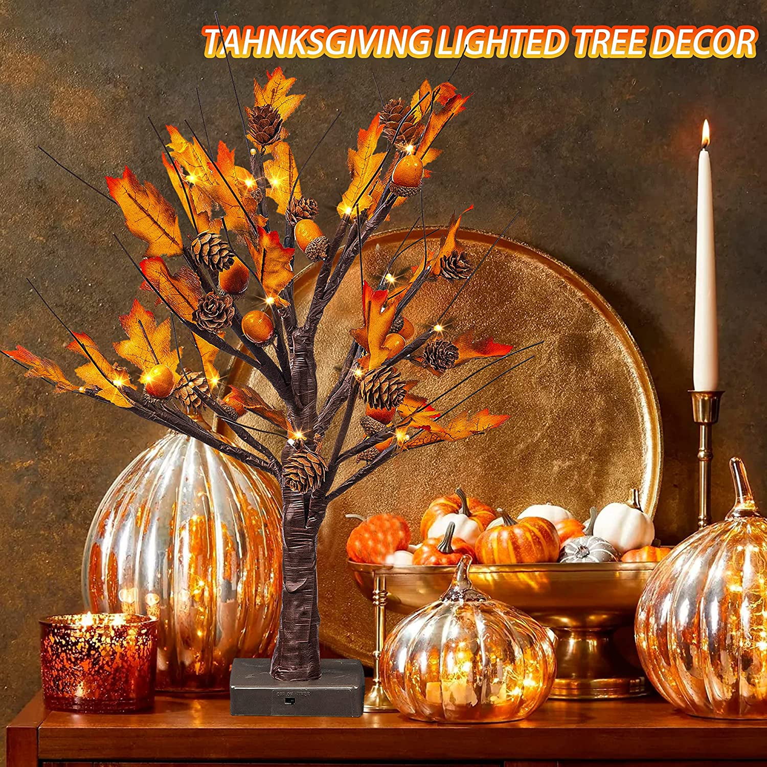 Thanksgiving Tabletop Autumn Decoration Lights Battery Operated Maple Leaves and Acorn Tree for Indoor Home Table Harvest Decor Clearance FUNPENY 24 LED Lighted Fall Maple Tree