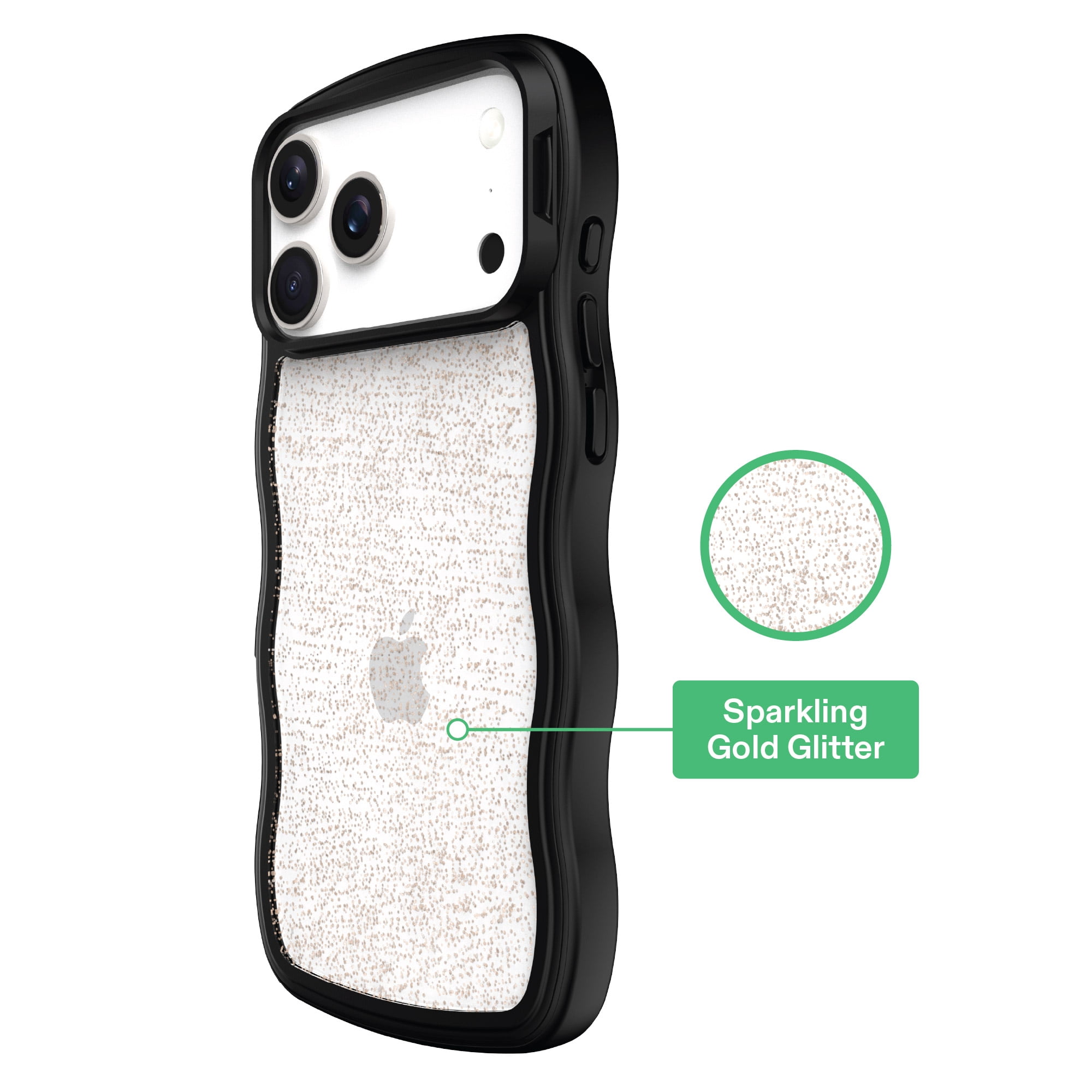 onn Wavy Grip Phone Case for iPhone 17 Pro Max - Black/Gold Glitter