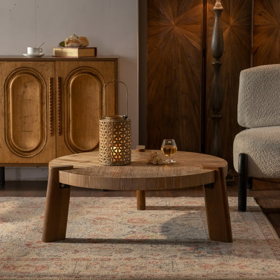 Noble House Dennis 36.61" Round Herringbone Coffee Table, Solid Wood Rustic Center Table with Tapered Legs, Natural