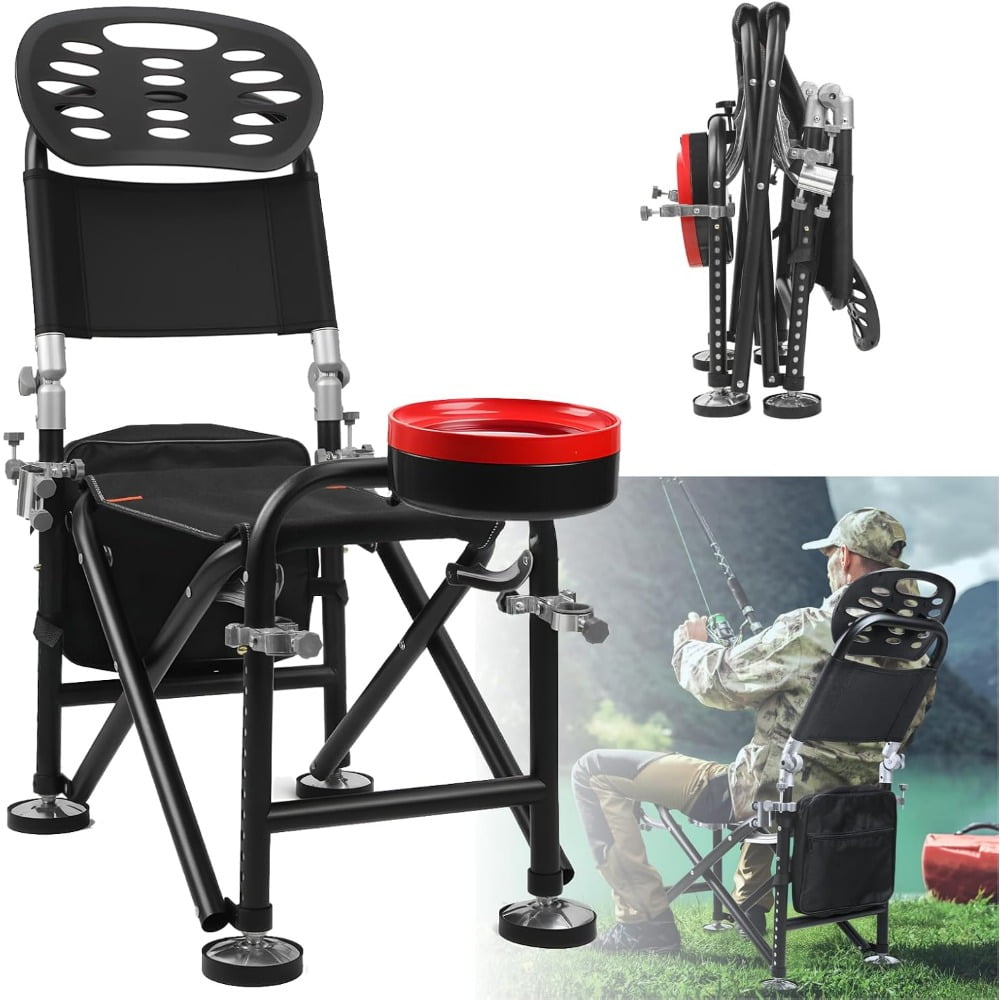 Fishing Chair for Outdoor Use Aluminum Alloy Black 13- Height Adjustment 21cm Range Backrest Rod Holder Foldable Deck Chair