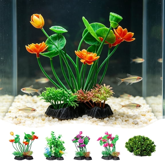 Artificial Aquatic Plants for Aquarium, Plastic Fake Seaweed and Lotus Flower Fish Tank Decor, Realistic Greenery for Freshwater and Saltwater Tanks, Easy to Clean and Fish Safe