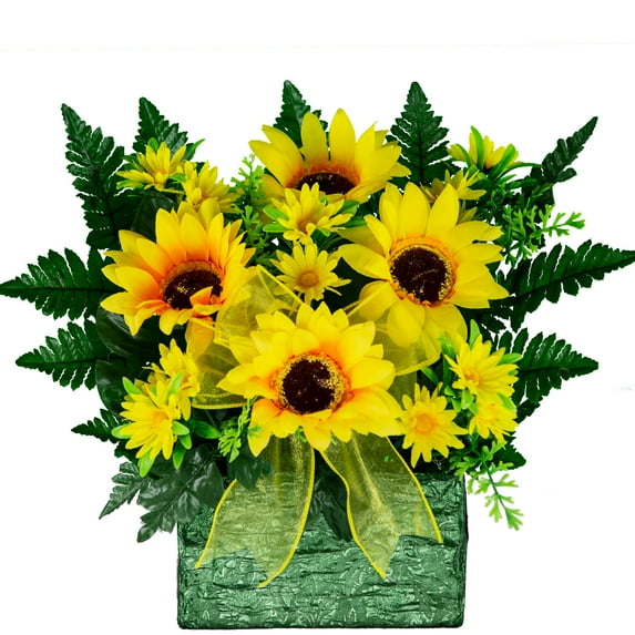 Sympathy Silks Artificial Cemetery Flowers - Realistic - Outdoor Grave Decorations Sunflower and Bow Brick for Outside Monument
