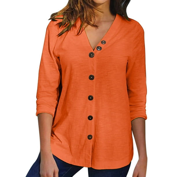 Fvwitlyh Yoga Tops For Women Fashion Women'S Loose Linen Button Solid Lapel  Long Sleeves T-Shirt Blouse Tops Orange,XL 
