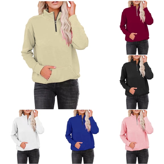 MEZZALL Women Sweatshirts Solid Color Long Sleeve Zip Neck Pockets Warm Pullover Basic Daily Outdoor Leisure Travel Tops