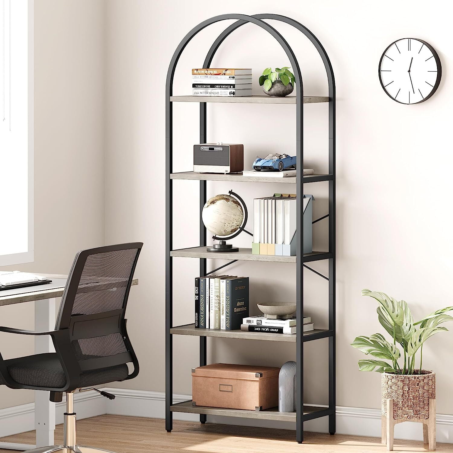 Yesfashion Bookshelf 5 Tier Bookcase Arched Display Racks Tall Standing Bookshelves Mental Frame Farmhouse Storage Rack Shelf Grey Book Shelf for Bedroom, Living Room, Home Office,Grey
