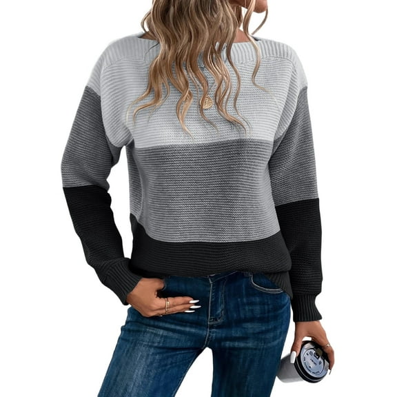 Women'S Fall Winter Fashion Casual Round Neck Ribbed Knitted Colorblock Drop Shoulder Long Sleeve Sweater Dark Gray XXL
