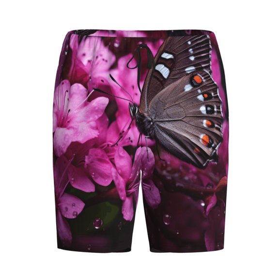 Tebeau Pink Blossoms Butterfly for Men's Pajama Bottoms,Ultra-Soft Sleep Pajama Shorts ,Elastic Waistband Sleep Pajama Short,Lightweight PJ Shorts -Large
