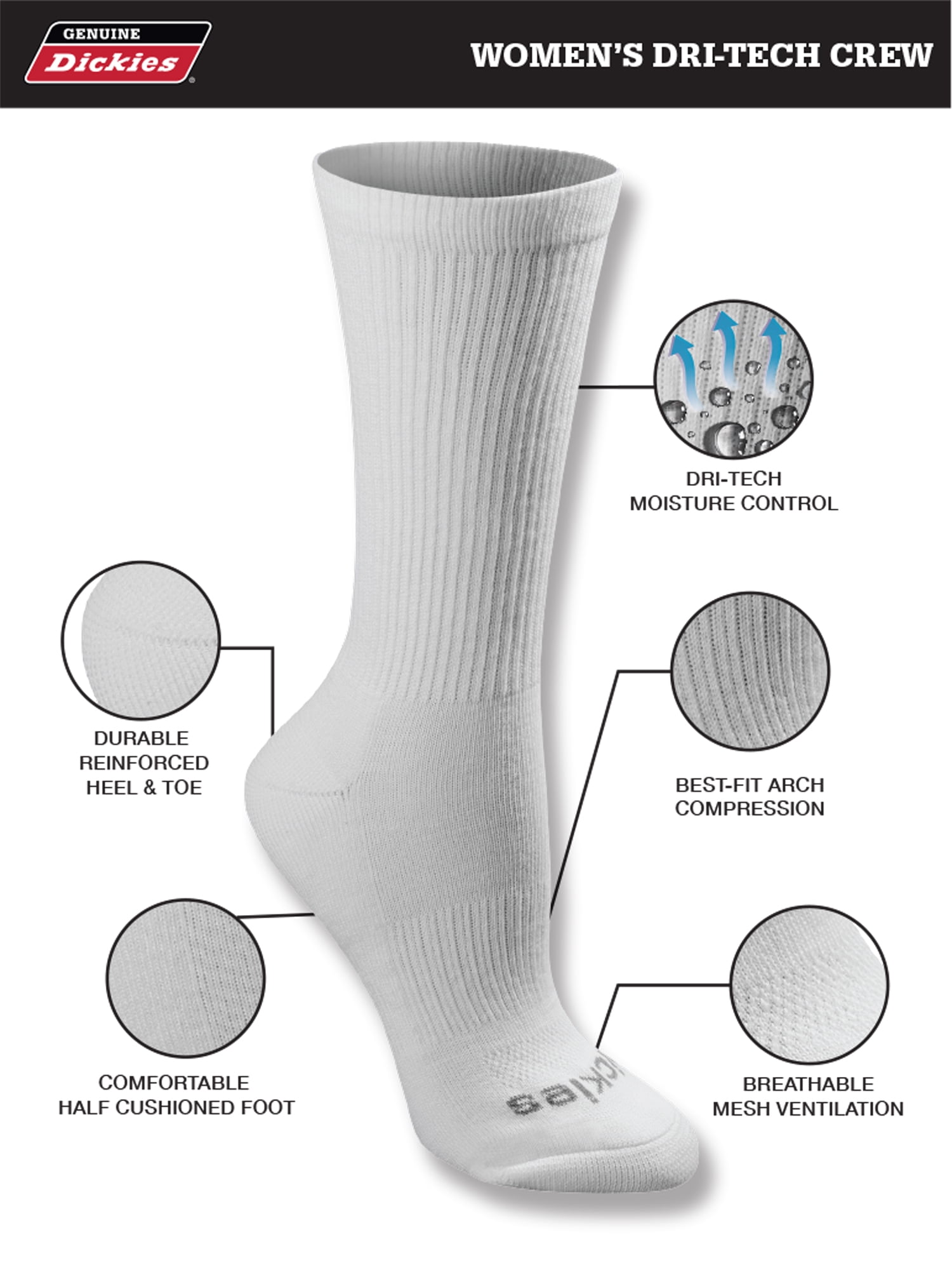 Genuine Dickies Women's Dri-Tech Crew Socks, 5-Pack