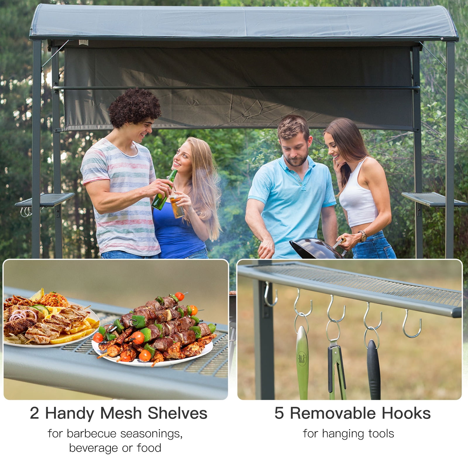 Outsunny 7FT Grill Gazebo BBQ Canopy with Sun Shade Panel Side Awning, 2 Exterior Serving Shelves, 5 Hooks for Patio Lawn Backyard