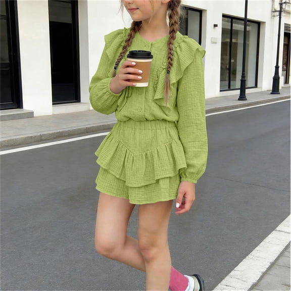 Amidoa Girls 2 Piece Outfits Summer Clothes Solid Color Cute T-Shirt and Casual Shorts Kids Clothing Sets Green Size 6