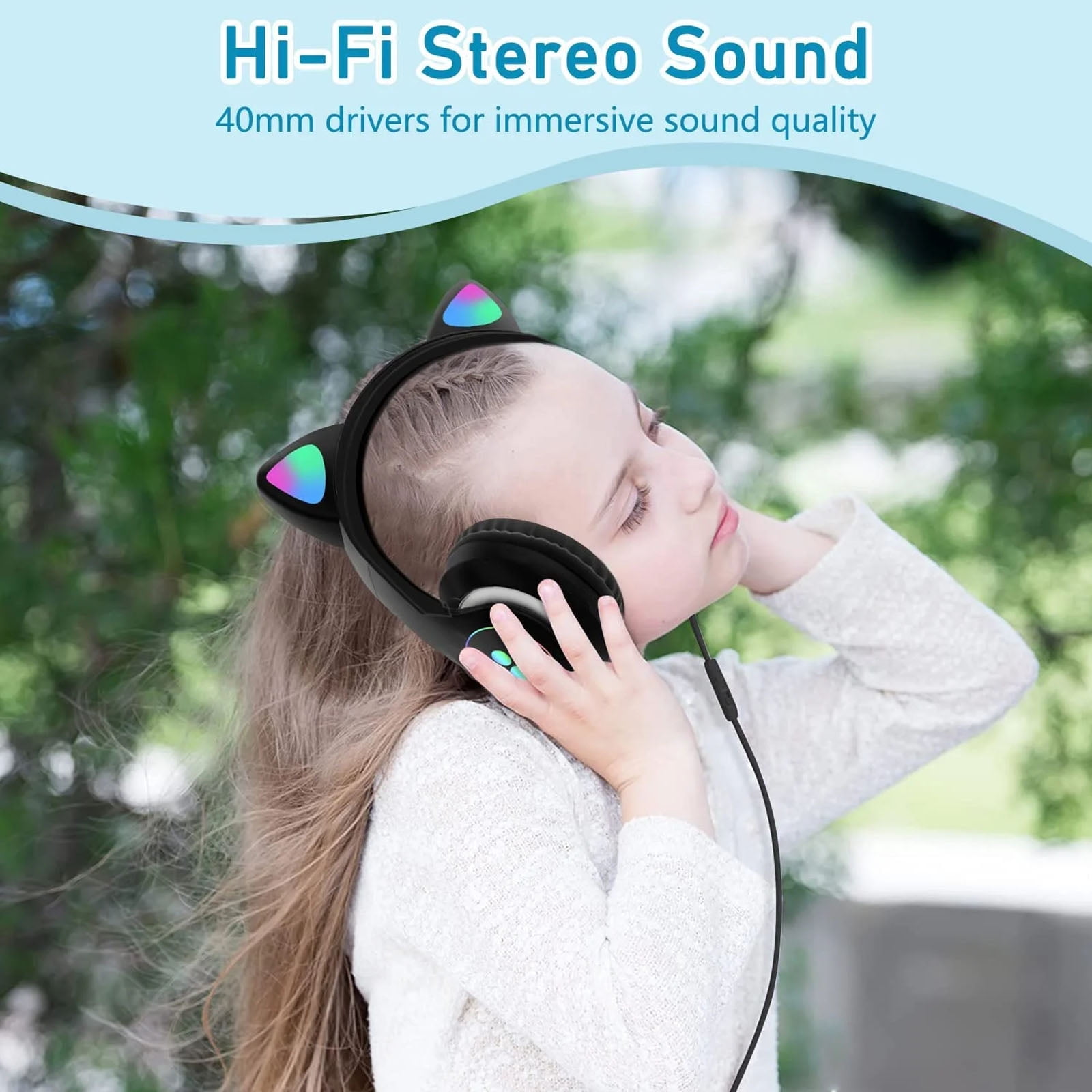 Haokaini Cat Ear Headphones, Bluetooth Wireless Headphones, Foldable Over-Ear Headphones with Microphone & LED Light Up, Cute Cat Ear Headphones, Black