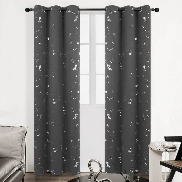 Deconovo Blackout Curtains for Bedroom, Silver Dots Printed Pattern