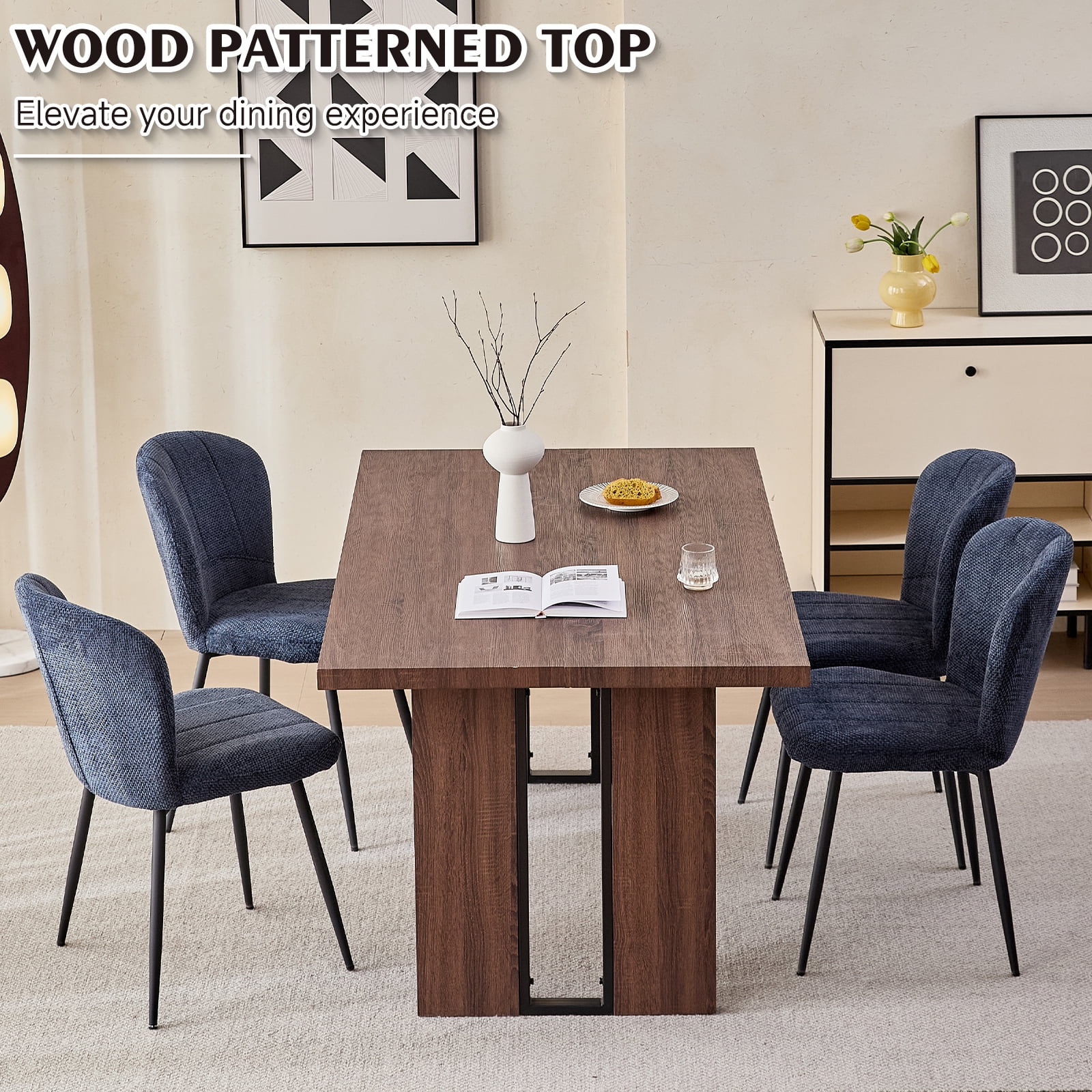 63" Dining Table Set for 4 6 People, 5 Piece Kitchen Dining Room Table with 4 Blue Chenille Chairs for Living Kitchen Room Apartment