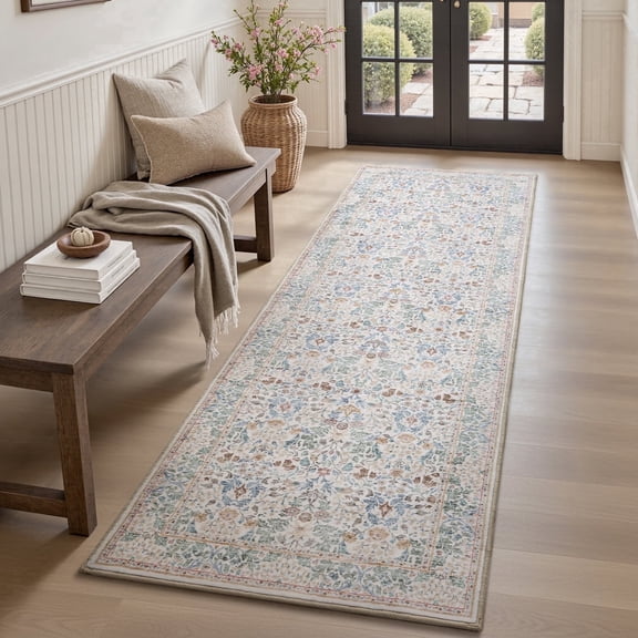SIXHOME 2'x6' Floral Runner Rug, Washable Non-Slip Traditional Carpet, Soft Botanical Kitchen Hallway Entryway Rug, Beige