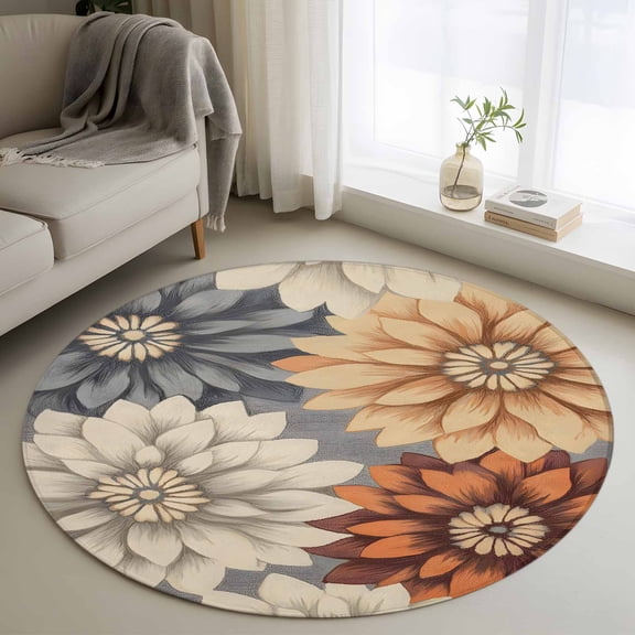 Round Rugs 4Ft, Orange Grey Dahlia Round Area Rug Washable Indoor Throw Carpet, Spring Floral Vintage Soft Non Slip Circle Rug for Kitchen Nursery Room Home Decor Aesthetic
