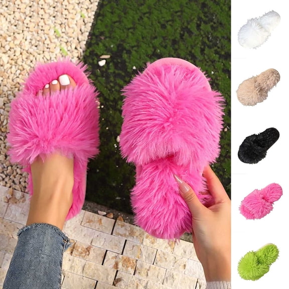Fnooota Womens Slide Slippers, Non Slip Comfort Indoor Open Toe Fuzzy Slippers Bedroom Shoes Hot Pink Size 6.5-7