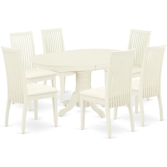 HomeStock 7 Piece Kitchen Table & Chairs Set Consist of an Oval Dining Room Table with Leaf and 6 Linen Fabric Upholstered Chairs, 42x60 Inch, Linen White