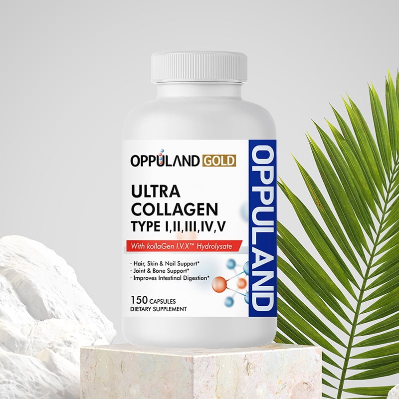 Oppuland Gold Ultra Collagen – Types I, II, III, IV, V – 150 Capsules | Multi Collagen Complex with Kollagen I.V.X™ | Hair, Skin, Nails, Joints & Digestion Support Supplement