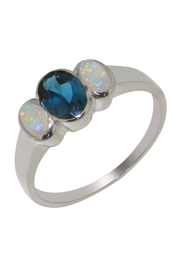 LBG British Made 9k White Gold Natural London Blue Topaz & Opal Womens Anniversary Ring - 33 size options - Size 9