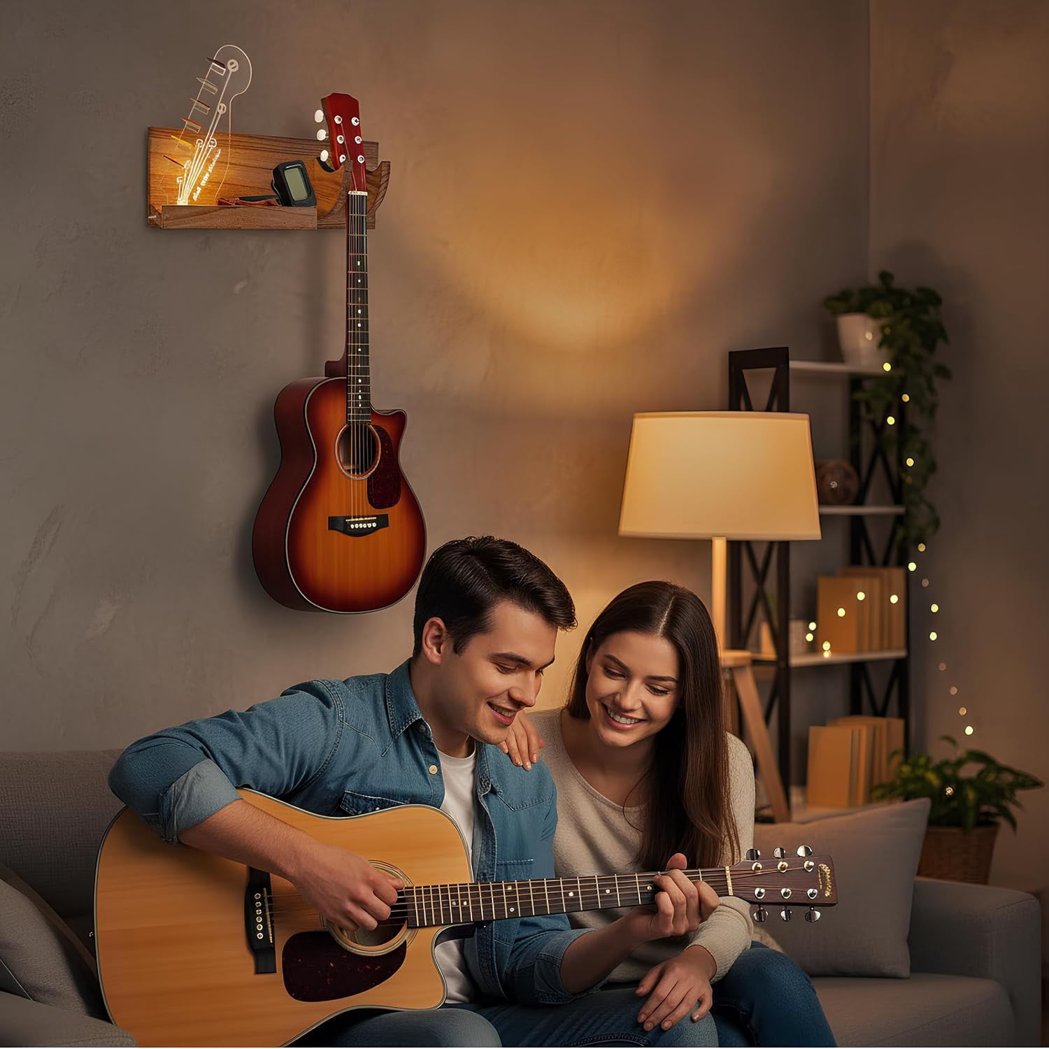 Guitar Wall Mount Hanger Bass Stand Light Up Wood Hanging with LED Acrylic Guitar Pick Holder Display Electric USB-Powered Guitar Accessories - Gift for musicians Men, Music Lovers Players Room Decor