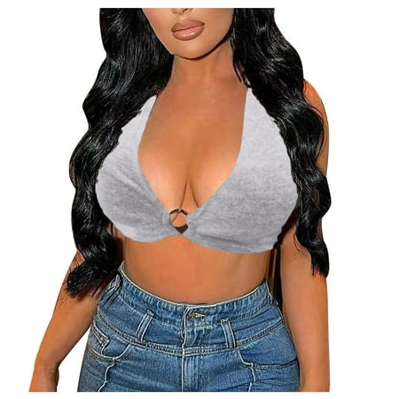 

BIZIZA Women s Bra Halter Crop Top Bralette V Neck Sexy Leopard Print Gray XL