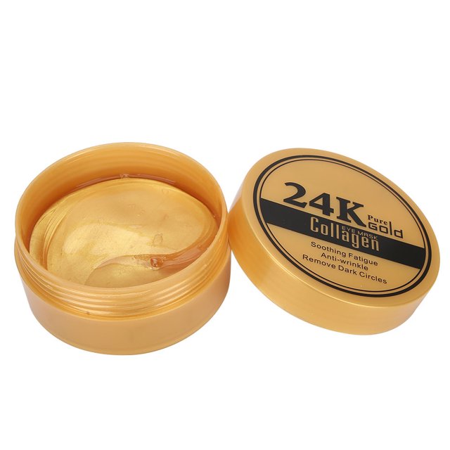 Patch pour les Yeux Cernes Élimination Hydratant pour les Yeux 60 Pcs Or Rides Cernes Élimination Hydratant Liftant Patch pour les Yeux. l'Image Montre un Contenant Ouvert de Masques pour les Yeux en Collagène Doré 24K avec un Couvercle Assorti Placé à Côté. les Masques Sont Conçus pour Réduire les Cernes, les Rides et les Poches Tout en Hydratants et Rehaussant la Peau Autour des Yeux. Convient à Tous les types de Peau, le Produit Contient 60 Pcs et Présente des Ingrédients Naturels Sans Additifs.