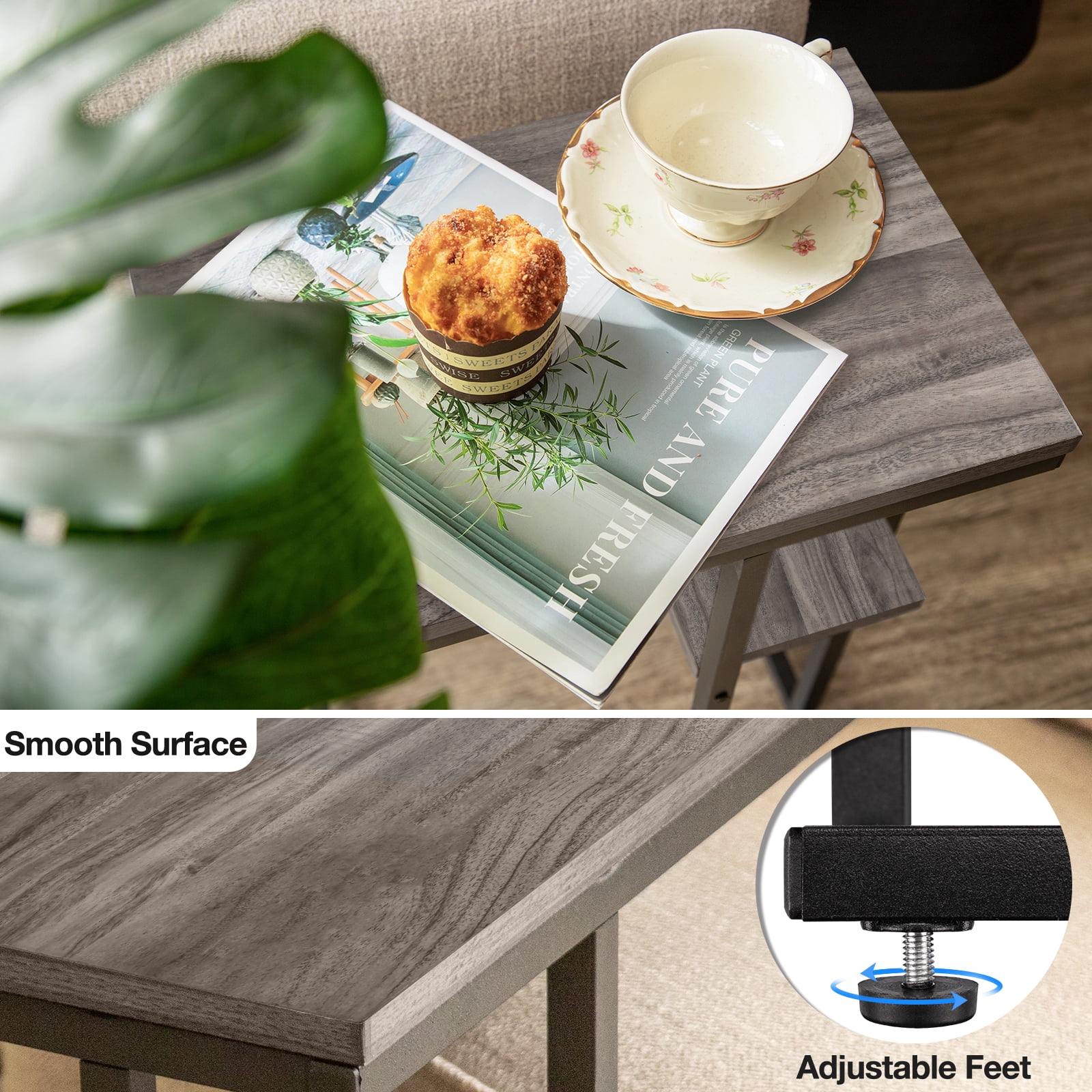 C Shaped End Table, Side Table for Couch and Bed, Small Side Table for Small Spaces, Living Room, Bedroom, Rustic Snack Table