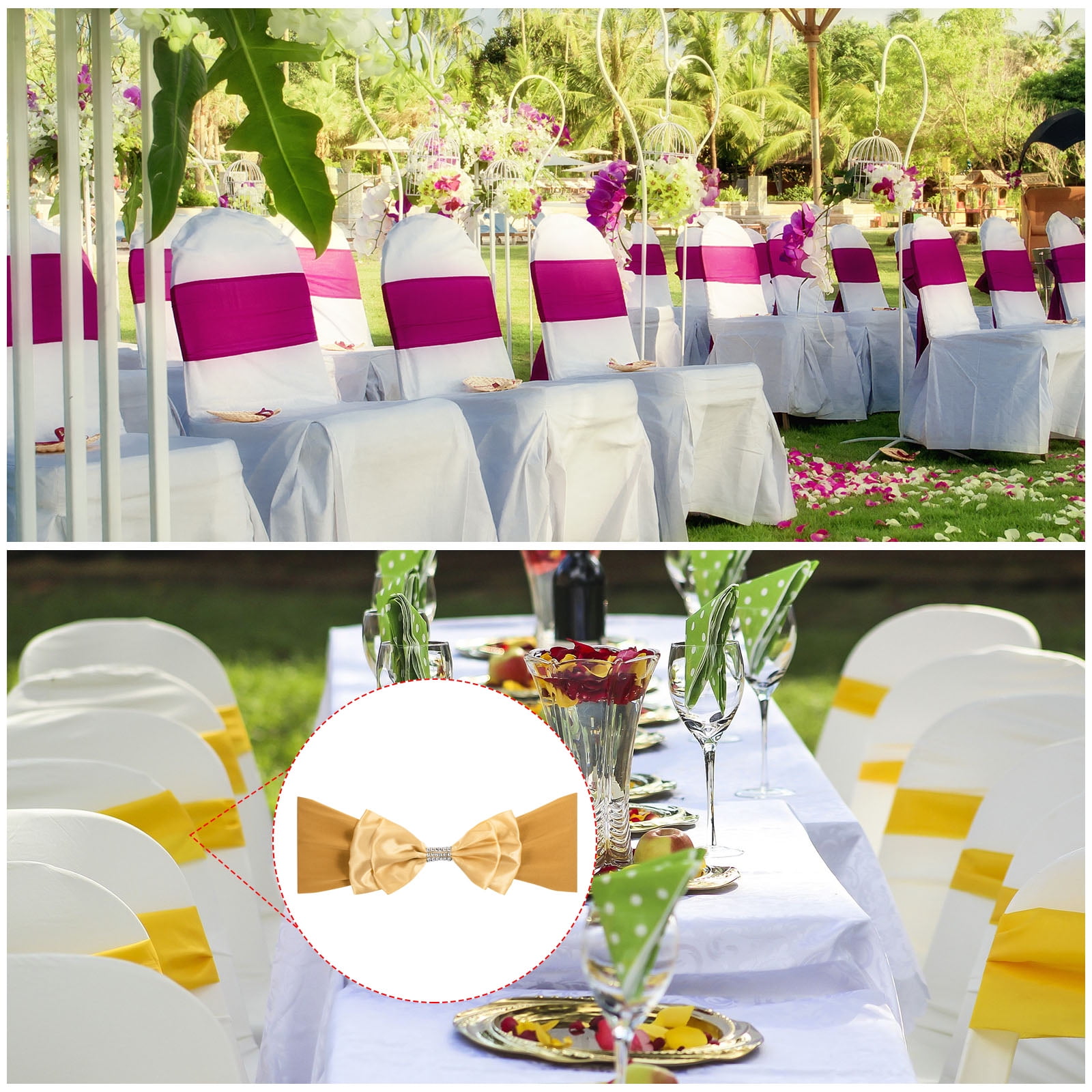 Unique Bargains Chair Sash Bow Spandex Stretch Chair Cover Bands Sashes with Bow Knot 10 Gold Tone
